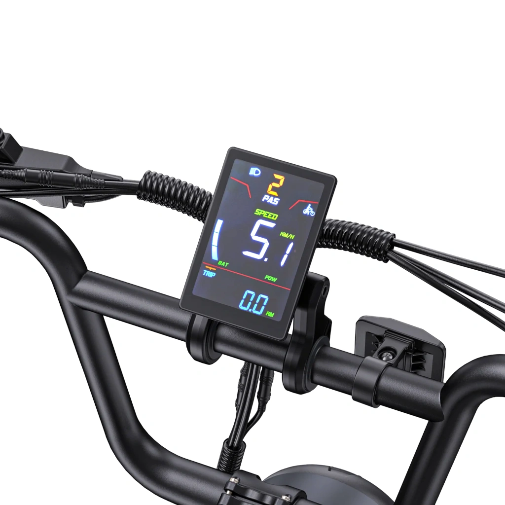 Écran LCD de fat bike électrique affichant le niveau d'assistance PAS et la vitesse en km/h